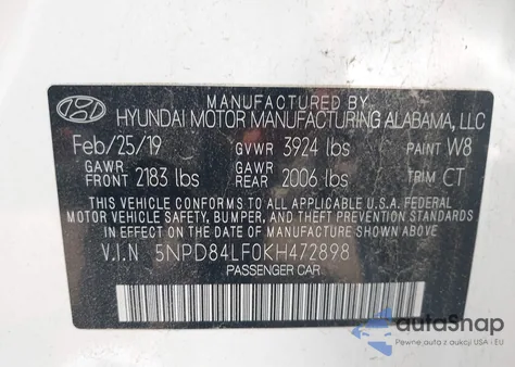 2019 Hyundai Elantra Sel z USA, uszkodzony, nr VIN 5NPD84LF0KH472898